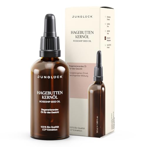 JUNGLÜCK BIO Hagebuttenkernöl - Vegan | Hagebuttenöl Kaltgepresst 100% Rein & Natürlich beruhigt Rötungen, gereizte und sensible Haut | Wildrosenöl antioxidativ regt die Zellerneuerung an