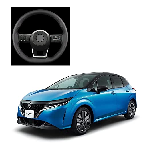 CATYA 新型 日産 ノート E13系 ハンドルカバー ステアリングカバー D型 握りやすい 薄いタイプ 潤い手触り 滑り止め 耐熱 本革 内装アクセサリー 1P (ブラック&ブラックステッチ) NO045