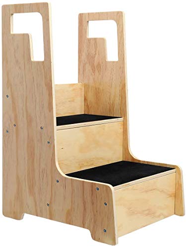 KINGSO Kitchen Helper Stool for Kids, Toddler Step Stool, Wood Step Stool with Support Handles and Non-Slip Mat, Two Step Counter Height Kids Step Stool, Natural