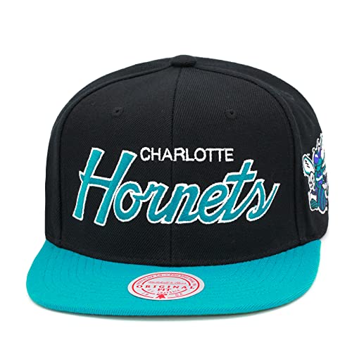 Mitchell & Ness Charlotte Hornets Team Script 2.0 Snapback Hat Adjustable Cap - Black/Teal/Hardwood Classics