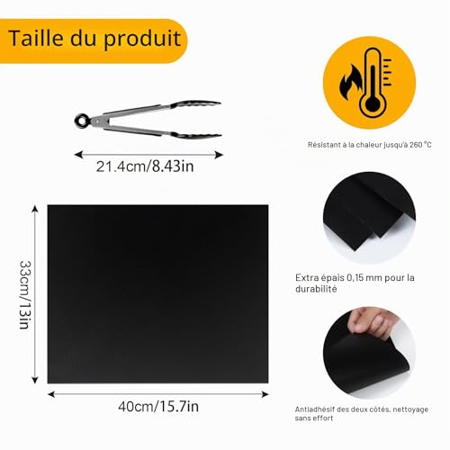 4 Tapis de Four Réutilisables, 40 x 33 cm Feuille de Cuisson Permanente Anti-adhésive et Découpable, Protection pour Fond de Four, Tapis pour Grill à Gaz ou Électrique, avec Pince de Barbecue – vue 2