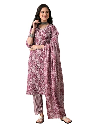 Image of Amazon Brand - Tavasya Women Cotton Anarkali Kurta Pant Dupatta Set | Printed Ethnic Suit Set | Flared Anarkali Kurta with Pant & Dupatta | Festive & Casual Wear