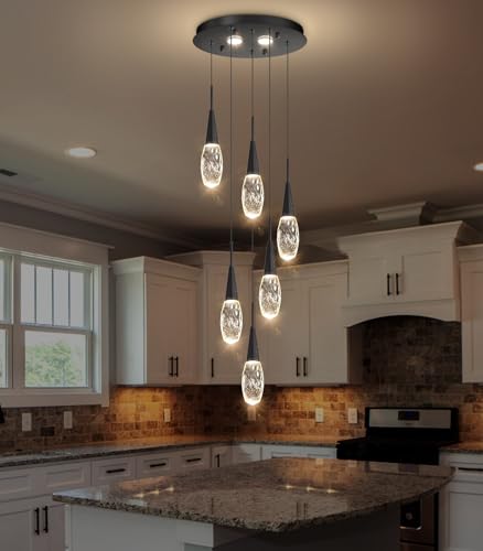 6-Lights Adjustable Pendant Lights for Kitchen Island LED Dimmable Light Fixture Modern Glam Crystal Hanging Lighting for Dining Room Bedroom Black