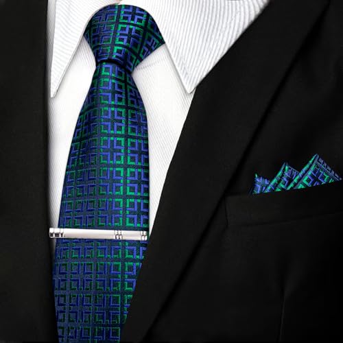 Image of DiBanGu Mens Silk Plaid Tie and Pocket Square Set | Elegant Silk Formal Tie Set, Woven Check Necktie and Cufflinks Tie Clip Set, Perfect for Wedding Party, Comes in Gift Box