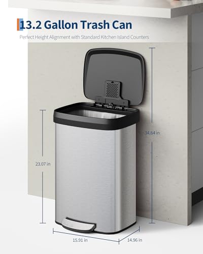 Image of Garvee 13 gal / 50 L Stainless Steel Trash Can with Lid, Large Garbage Can for Kitchen, Rustproof Step-on Kitchen Metal Trash Bin with Liner Rim, Rear Handle, Soft Close Plastic Lid, Silver