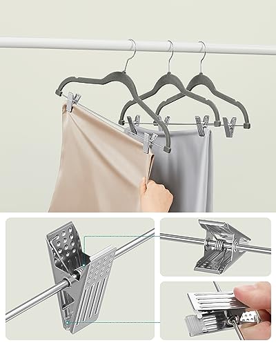 Image of SONGMICS Set of 10 Velvet Trouser Hangers with Adjustable Clips | Non-Slip, Space-Saving, 42.5 cm Long, for Skirts, Coats, Dresses, Grey, Hangers, Trouser Hanger CRF012G10