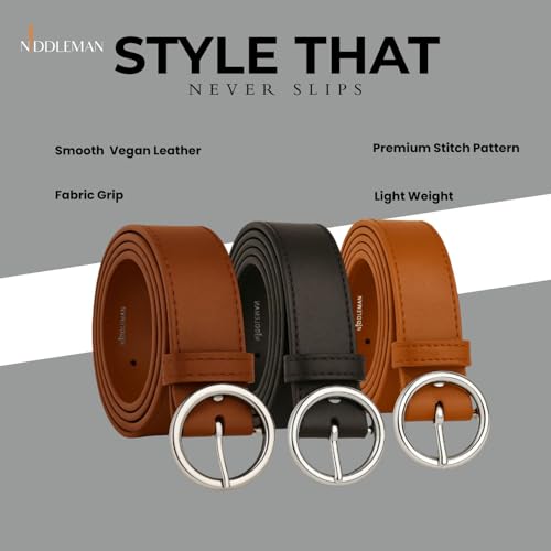 Image of NDDLEMAN Women's Vegan Leather Belt with Round Silver Metal Buckle | Matte Finish | Premium Stitching | Casual & Formal Wear