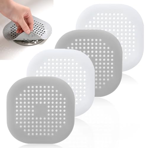 4 Piezas Silicona Protector de Drenaje, con Ventosas,Cubierta de Desagüe de Ducha, Filtro de Cabello Protector de Drenaje Plegable, para Baño, Bañera, Ccocina (Blanco + Gris)
