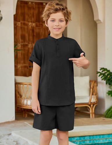 Image of Arshiner Boy's 2 Pieces Linen Sets Short Sleeve Henley Shirt and Shorts Summer Beach Matching Outfits 4-12 Years
