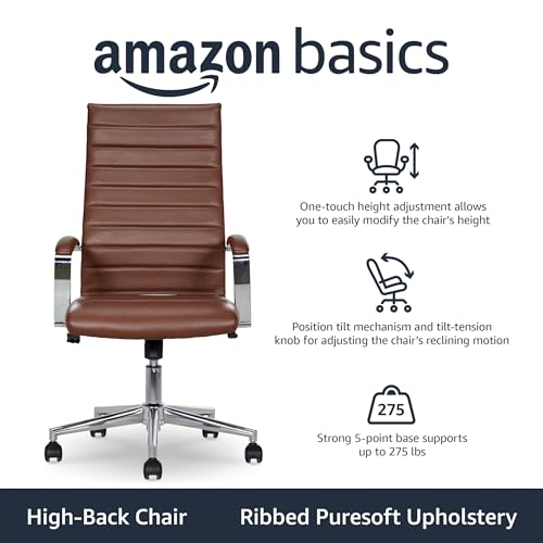 Image of Amazon Basics High-Back Swivel Office Chair with Lumbar Support, Ergonomic Ribbed Faux Leather, Adjustable Height, 24.75 inchD x 23.25 inchW x 45.25 inchH, Brick Red