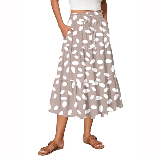 Midi Skirts for Women Elastic High Waisted Drawstring Tiered Skirt Floral Ruched Ruffle A Line Skirt with Pocket2