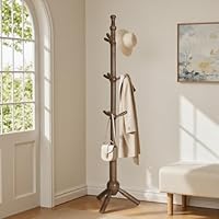 Bekrvio Adjustable Height Solid Wooden Coat Stand for Small Space, 9-Hook Coat Rack Stand with Tripod Base, Walnut Finish Freestanding Coat Stand for Hallway, Entryway-Load 90.7 kg