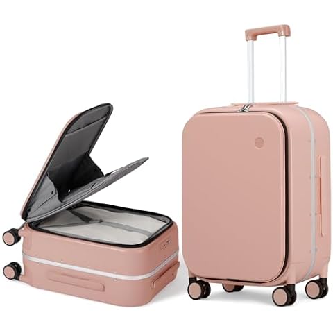 Mixi Carry On Luggage, 20'' Suitcase with Front Laptop Pocket, Travel Rolling Luggage Aluminum Frame PC Hardside with Spinner Wheels & TSA Lock and Cover - Pink Cover