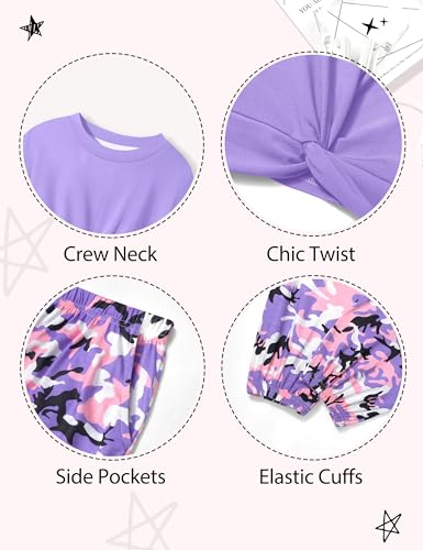 Image of NECIOUS Girls Fall Outfits 2 Piece Fashion Twist Front Pullover Sweatshirt and Camo Pants Clothing Sets 5-14Y