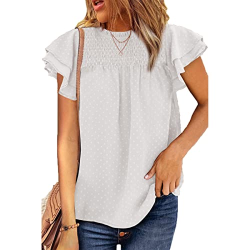 Tekaopuer Tops für Damen, Chiffon-Bluse für den Sommer, Pullover, Shirt, lässig, Rundhalsausschnitt, kurzärmelig, gepunktet, T-Shirts, weiß, 50 Cover
