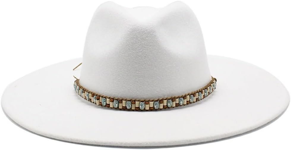 Western Felt Cowboy Hat, White, Turquoise Beaded Band, Wide Brim