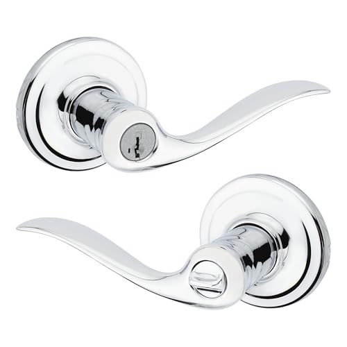 Image of Kwikset Tustin Entry Door Handle with Lock and Key, Secure Keyed Reversible Lever Exterior, Doorlock, For Front Entrance and Bedrooms, Polished Chrome, Pick Resistant Smartkey Rekey Security