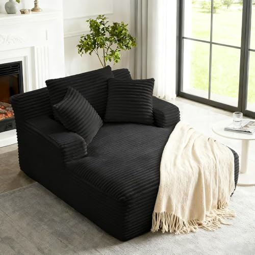 Tmsan 50" Oversized Chaise Lounge Sofa Chair Indoor, Modern Corduroy Sleeper Sofa Cloud Couch with 3 Soft Pillows, Comfy Single Seat Floor Sofa for Living Room Apartment Office, Black