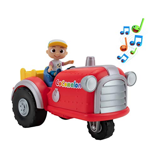 Bandai - CoComelon - Tracteur musical rouge - véhicule qui joue la chanson "Old MacDonald" (en anglais) et des sons d'animaux - Tracteur musical et sa figurine 7 cm - WT0038