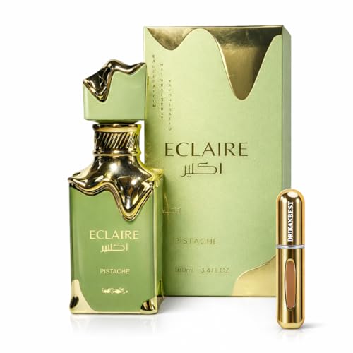 Perfume Eclaire Pistache Eau de Parfum 100 ml Unisex | Perfume Árabe Gourmand Dulce y Cremoso de Larga Duración | Notas de Pistacho y Vainilla | Incluye Atomizador Recargable 5 ml Drikanbest de Regalo