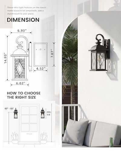Image of FEMILA Dusk to Dawn Outdoor Front Porch Light, 15 inch Exterior Waterproof Wall Light Fixtures, Matte Black Finish with Hammered Glass, E26 Socket, 4FD54B-PC BK-SD