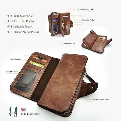 Women's Credit Card Wallet Trifold Long with Zipper Pocket RFID Large (Brown)4