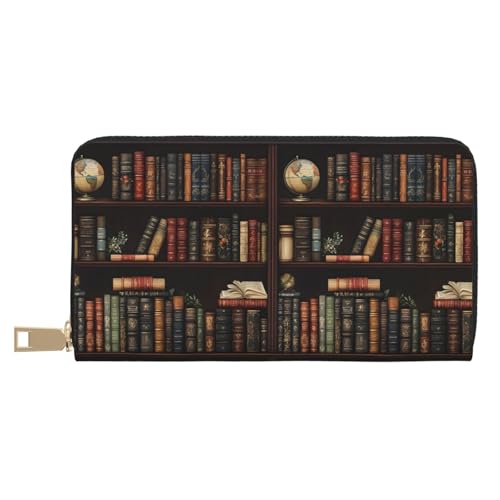 Wallet Women - Vintage Bookshelf Print Leather Wallet Large Capacity Bifold Long Ladies Wallets With Zipper
