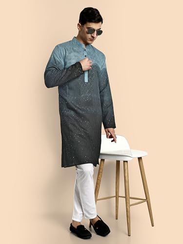 Image of Vardha Men's Cotton Chikankari Embroidered Kurta with Full Sleeves and Knee Length Design and Elegant Sequence Work | Kurta for Men
