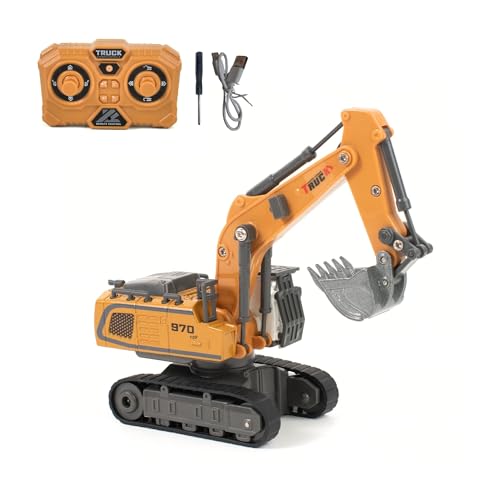 Image of Rift 1:64 Scale Remote Control Construction Vehicle, 13-Channel Excavator Toy for Kids, Rechargeable Engineering Car, Heavy Duty Machine Construction Toy with Lights & Music (Yellow)