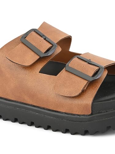 Image of STANPHORD Men Double Buckle Slider Sandals | Faux Leather Fashion Chappal | EVA Non-Slip Cushioned Sole | Casual Summer Daily Indoor Outdoor Wear (TPAI 14102)