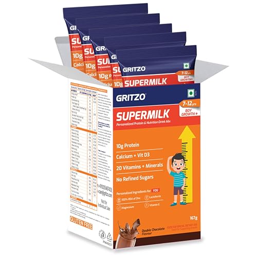 Image of Gritzo SuperMilk Growth+ (7-12y Boys), 10g Protein Powder per Sachet, Double Chocolate, 5 Sachets (33.3g each) | Travel Pack | Zero Refined Sugar