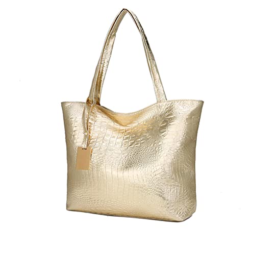 ANNI RIEL Bolsa feminina de grande capacidade com zíper padrão de crocodilo bolsa de couro e bolsa de ombro de couro brilhante, Dourado