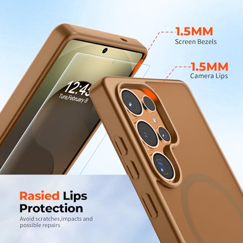 Image of SUPFINE Magnetic for Samsung Galaxy S25 Ultra Case with Screen Protector, (Built-in Magnets) (Military Grade Drop Protection) Slim Translucent Shockproof Phone Case,Brown