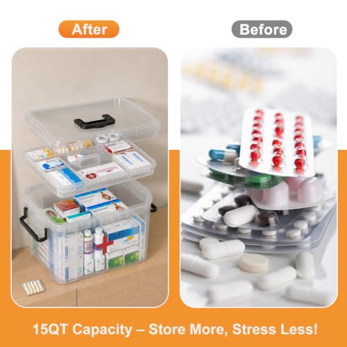Image of 15QT Clear Medicine Organizer Box with Handle, Plastic Dorm Medicine Box with Tray, Empty First Aid Boxes, Thickened Medicine Storage Organizer, Multipurpose Medication Organizer Storage, Clear