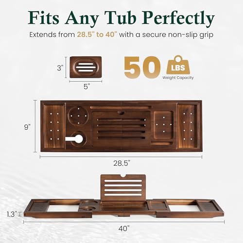 Teak-Bathtub-Tray-Caddy-Adjustable-Wood-Bath-Organizer-Rich-Brown-Wood-Finish-Built-In-Wine-Glass-Holder-Phone-Dock-Book-Stand-Water-Resistant-Seal-Spa-Design