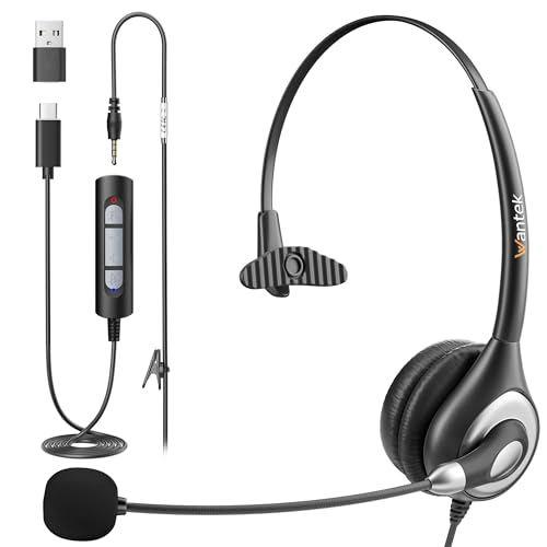 Image of Wantek USB Headset with Microphone for PC Laptop,3.5mm/USB/Type-C 3-In-1 Headphones Teams Headset for Office,Call Center,Work,Mono