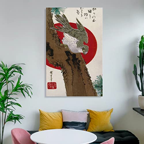 Japanese Poster Eagle With Red Sun Wall Art Bird Wall Art Pine Tree Falcon Illustration Canvas Art Poster Wall Art Picture Print Modern Family Bedroom Decor 24X36Inch(60X90Cm) Frame-Style #TOP5