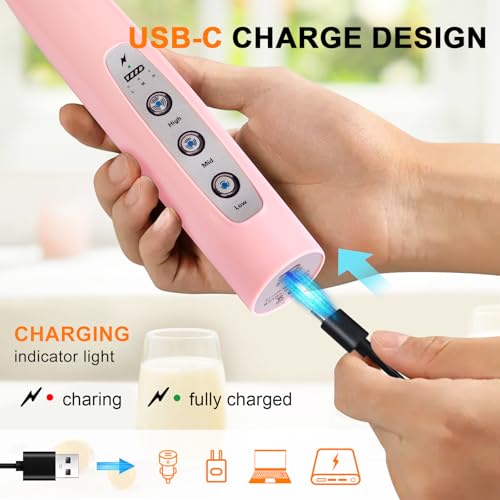 Image of YUSWKO Pink Handheld Milk Frother Wand with Stand for Coffee, Rechargeable Electric Whisk with 3 Heads 3 Speeds Drink Mixer Coffee Frother For Latte, Cappuccino, Hot Chocolate, Egg