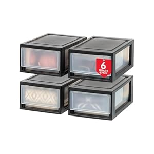 IRIS USA 6 Qt. Small Plastic Stacking Drawer, Stackable Storage Organizer Unit with Sliding Drawer for Bedroom Kitchen Under Sink Pantry Craft Room Dorm Office, Black, 4-Pack