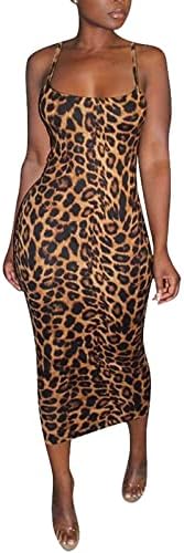 Rela Bota Women's Sexy Spaghetti Strap Sleevless Bodycon Midi Club Cocktail Dress Leopard Print L