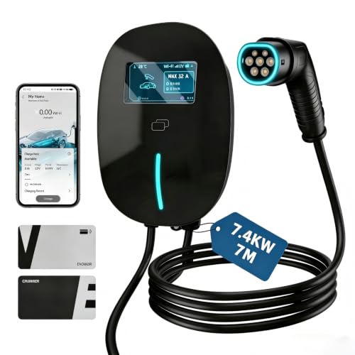 KioGro 7.4kW EV Charger Type 2 6-32A Electric Car Charger with 7M Cable & 4.3 LCD WiFi/Bluetooth/RFID & APP Control Single Phase IP65 Waterproof for EVs & PHEVs