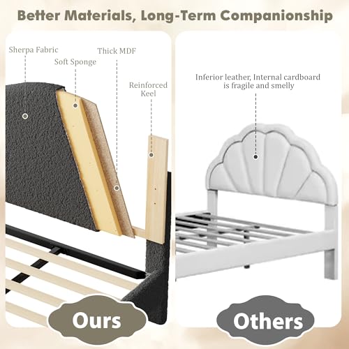 Image of GarveeHome Queen Size Bed Frame with Upholstered Headboard, Soft Low Profile Sturdy Platform Bed with Rounded Corners Design, Heavy Duty, Wooden Slats, Noise Free, No Box Spring Needed, Black