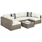 Best Choice Products 7-Piece Modular Outdoor Sectional Wicker Patio Conversation Set w/ 2 Pillows, Coffee Table, Cover Included - Taupe/White Sand
