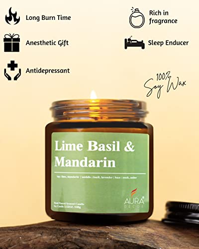 Image of AuraDecor Scented Jar Candle | Handpoured Soy Wax Candle with Long Lasting Burn Time | Premium Amber Jar Aromatherapy Candle | Ideal Gift for Home & Decor (Large, Lime Basil & Mandarin)