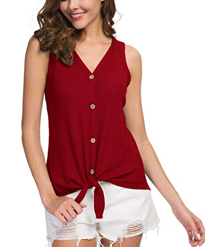 IWOLLENCE Womens Loose Henley Blouse Sleeveless Button Down T Shirts Tie Front Knot Tops Red X-Large
