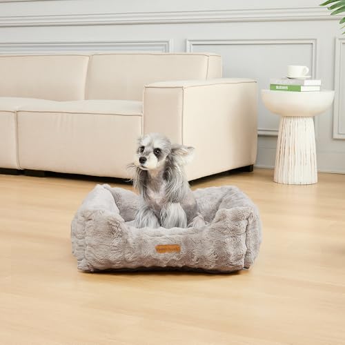 Image of Modern Threads Brushed Long Pile Rabbit Fur Cuddler Dog Bed, Bolstered Supportive Sides, Calming Nest Design, Removable Washable Cover, Bed for Small to Medium Dogs, Stone, (24 inch L x 20 inch W x 8 inch Th)