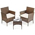 Sweetcrispy Patio Furniture Set 3 Pieces, Outdoor Furniture with Soft Cushion and Glass Table, All Weather Manual Weaving Wicker Rattan Patio Chairs for Garden, Terrace, Porch, Lawns, Brown