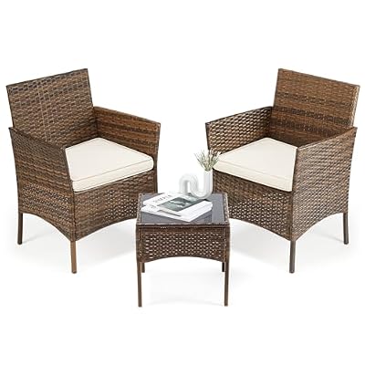 Sweetcrispy Patio Furniture Set 3 Pieces, Outdoor Furniture with Soft Cushion and Glass Table, All Weather Manual Weaving Wicker Rattan Patio Chairs for Garden, Terrace, Porch, Lawn (Brown and Beige)