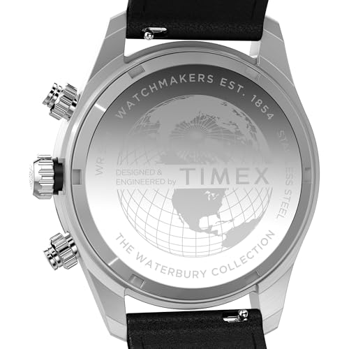 Image of TIMEX Waterbury Heritage Analog Silver Round Dial & Black Leather Strap Band Water Resistant Men's Wrist Watch - TW2Y19300IK