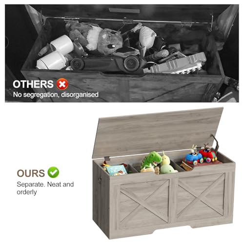 Hongtamoya Adjustable Large Storage Bench with Divider Plate, 39.4\" Wooden Toy Storage Chest with Safety Hinge, Toy Box Organizer, Storage Ottoman for Entryway,Living Room, Bedroom, Greige